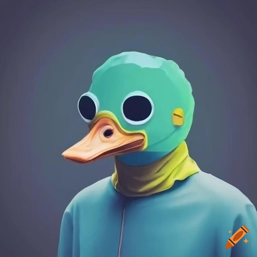man wearing a cyan duck mask and yellow beak