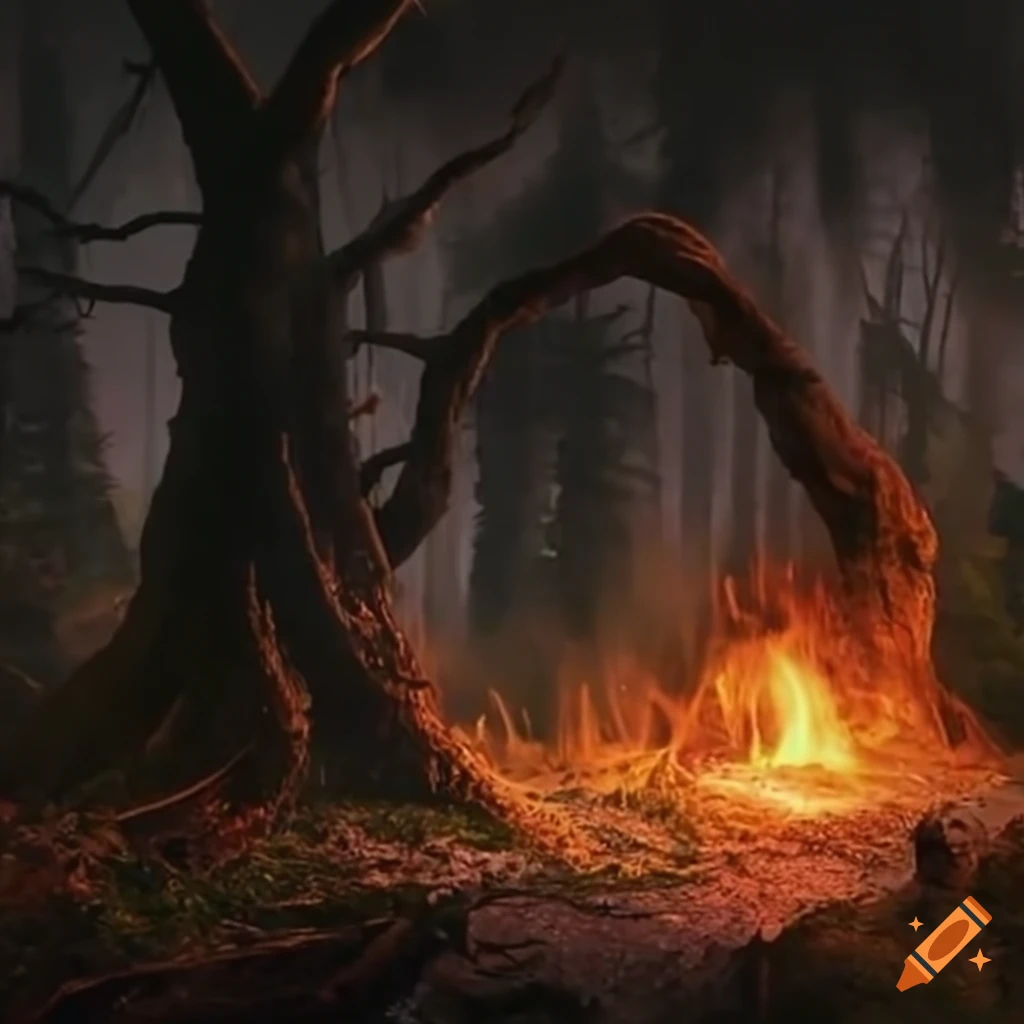 Fantasy depiction of swamps surrounded by fire in mysterious woods