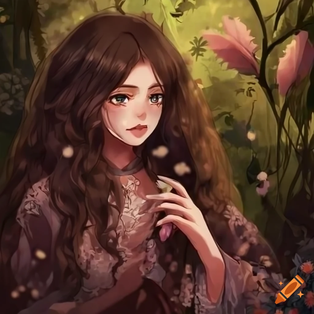 anime woman with long wavy brown hair in cottagecore fashion
