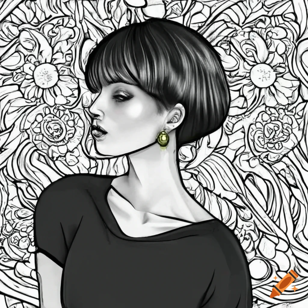 coloring book page with a girl in a black dress