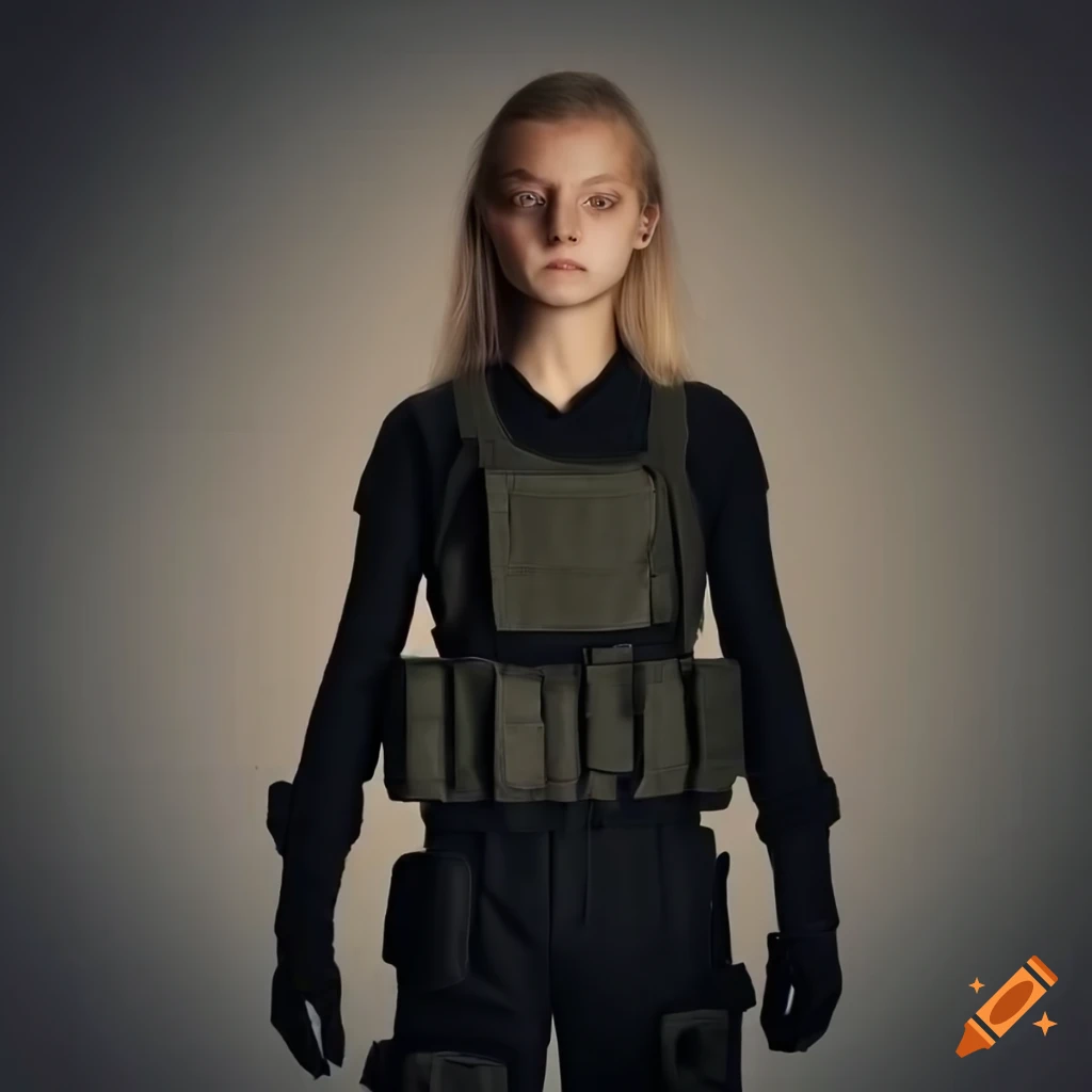 blonde girl in tactical uniform standing behind a wall