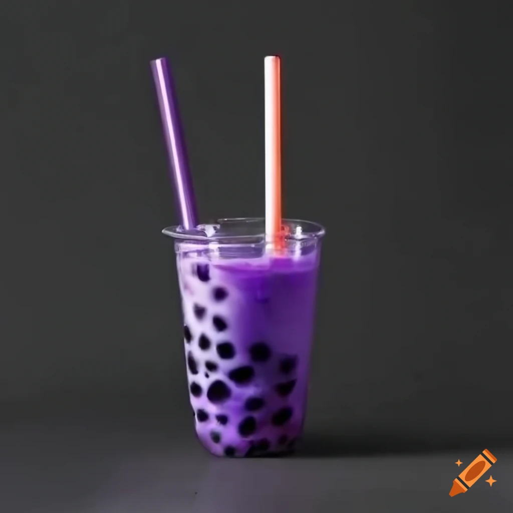 purple boba drink with two straws and amber boba balls