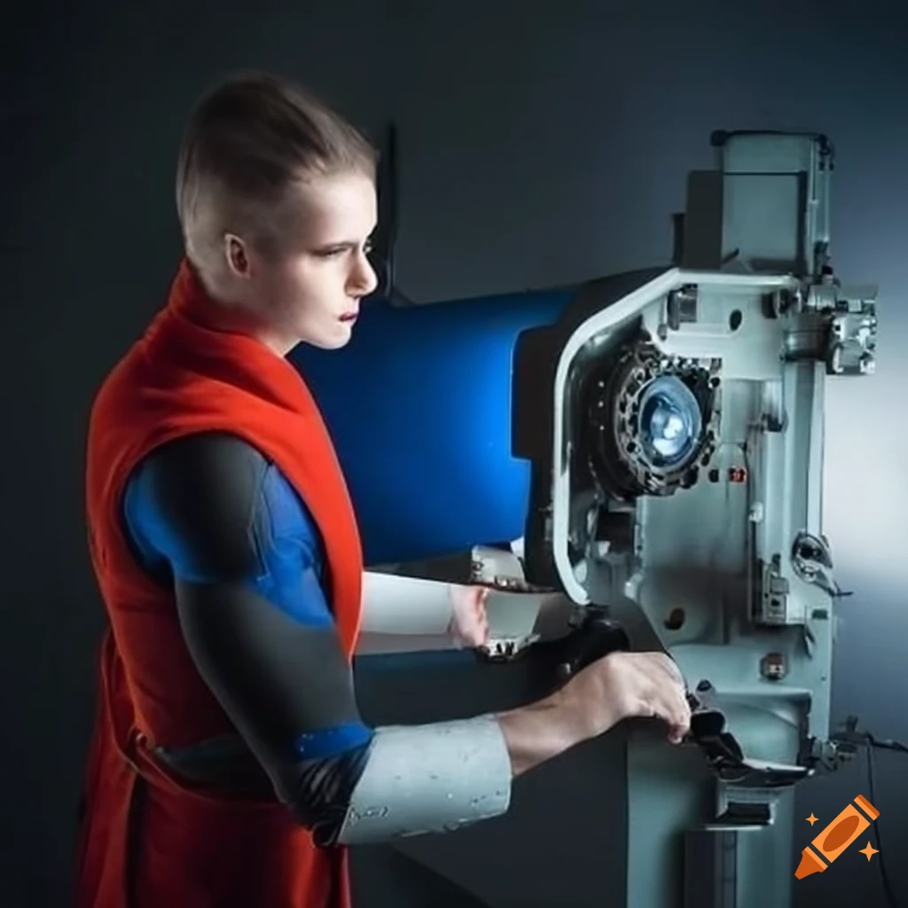 superhero working in an aerospace machine shop