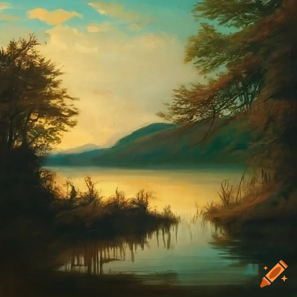 Painting of a german landscape with woods and water on Craiyon