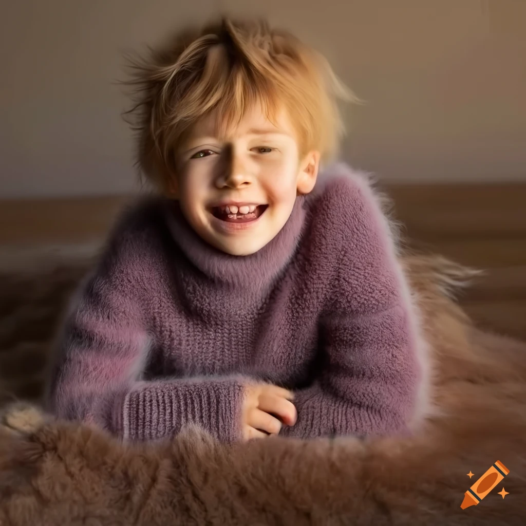 Boy in fuzzy sweater lying on fur rug