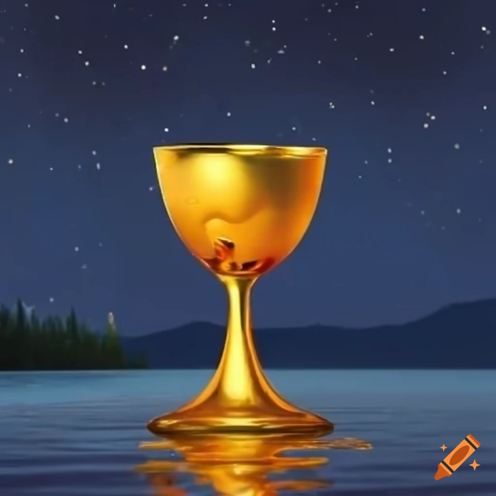 Golden goblet dancing in a lake at night on Craiyon