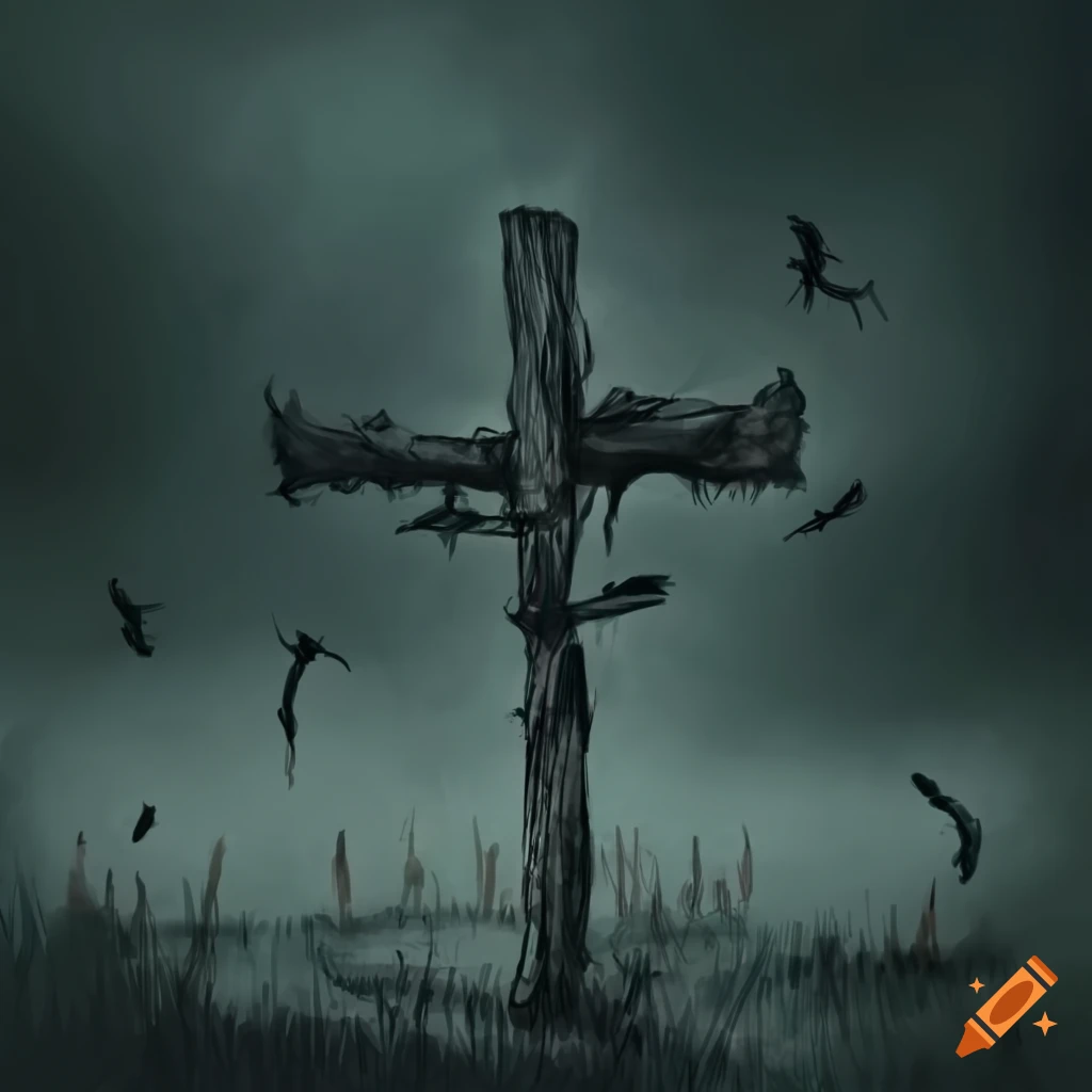 eerie sketch of crows and a crucified scarecrow