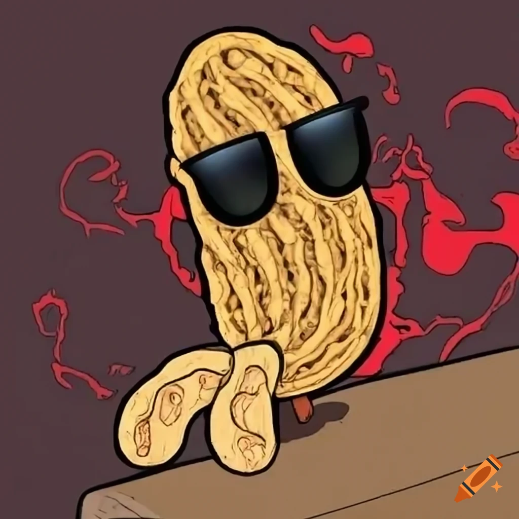 Humorous illustration of a peanut with sunglasses battling demons in ...