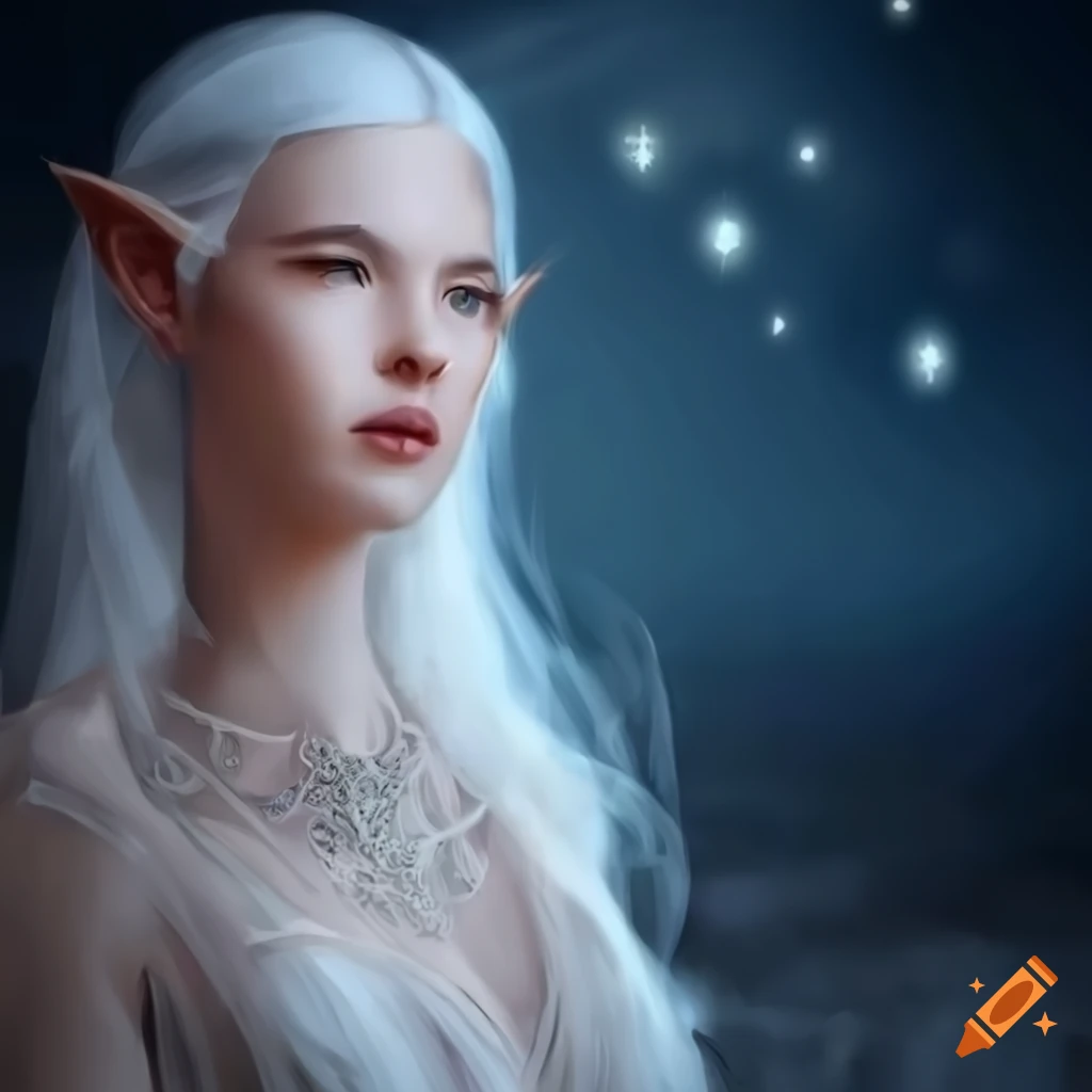 image of a moon elf woman in a white gown