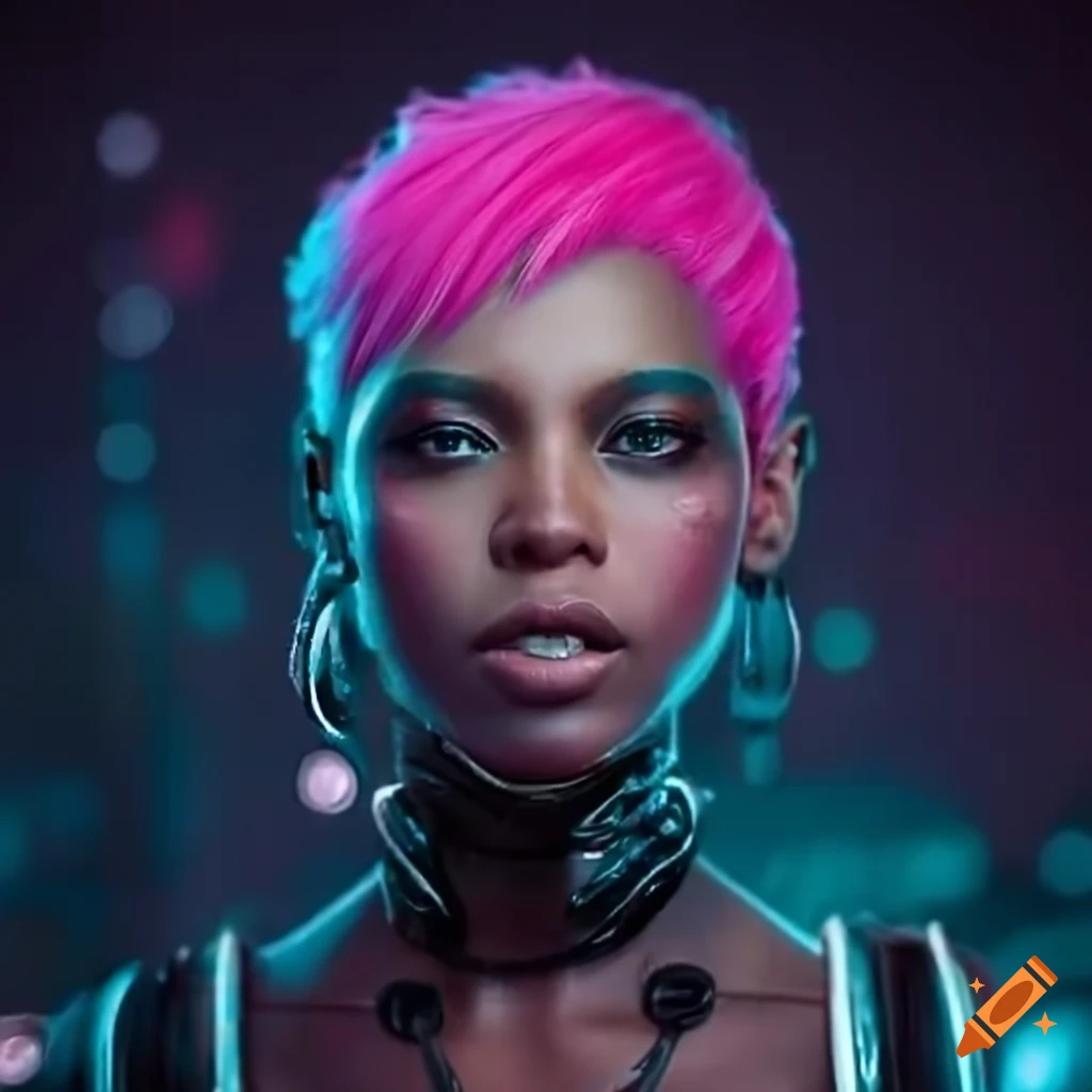 cyberpunk illustration of a black woman with pink hair