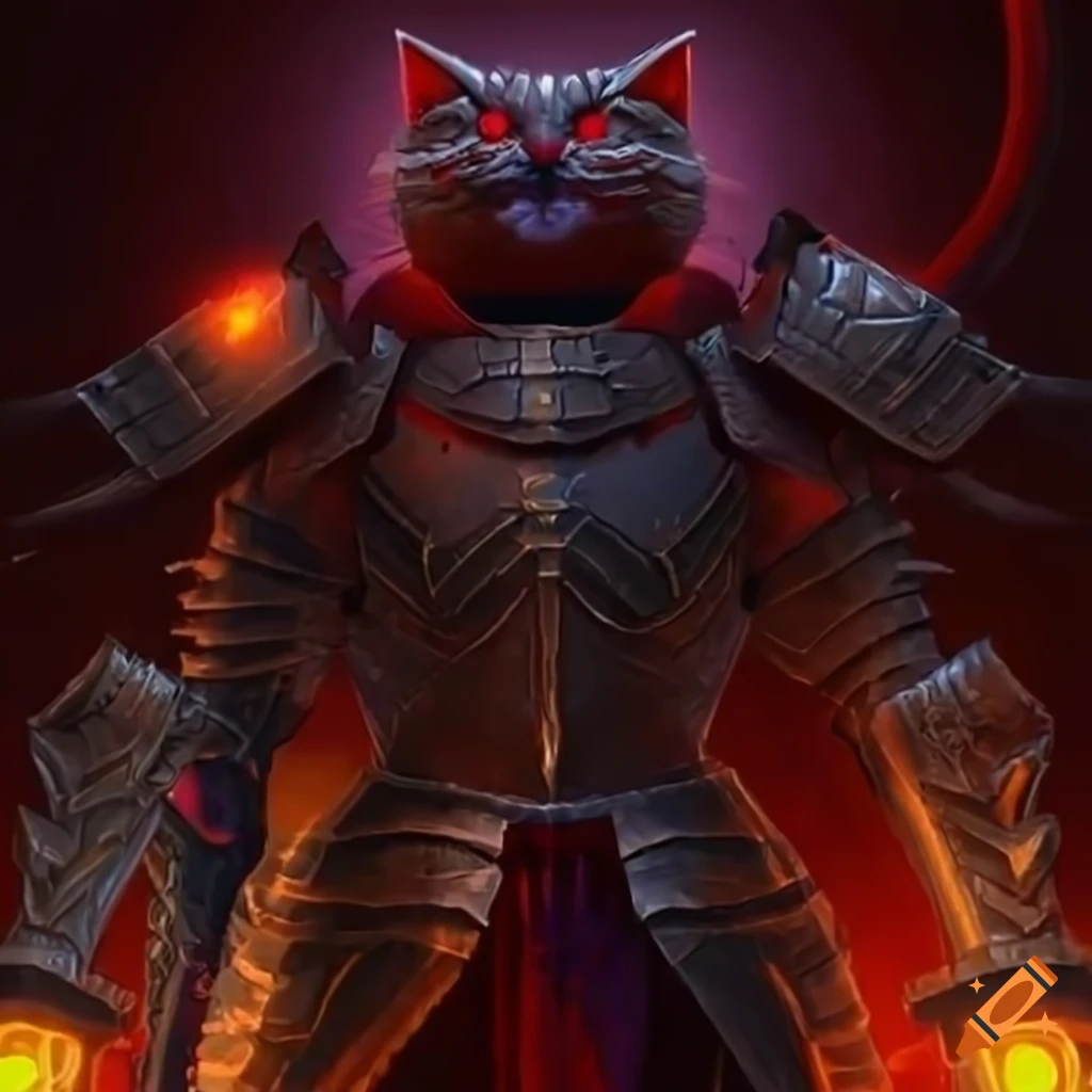 cat in armor with glowing red eyes