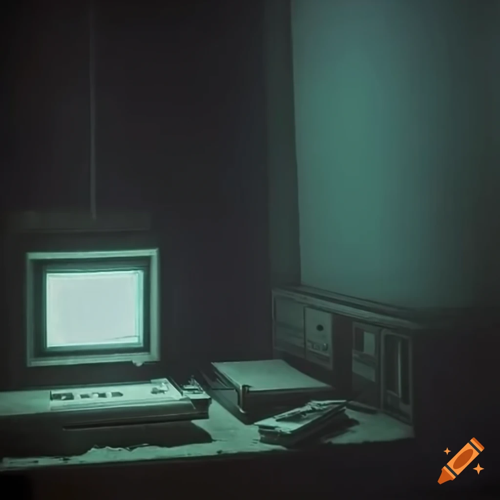 Photo of a creepy and desolate room with a glowing crt screen on Craiyon