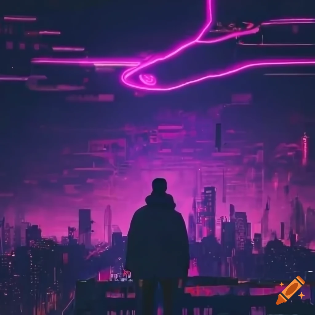 Man overlooking a cyberpunk city with purple neon lights