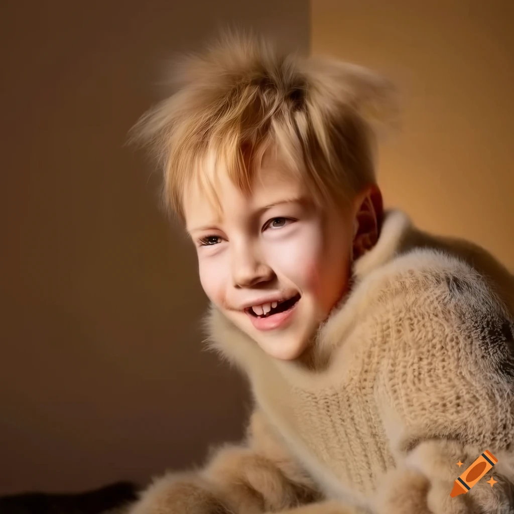 blond boy resting on fur rug wearing fuzzy mohair sweater