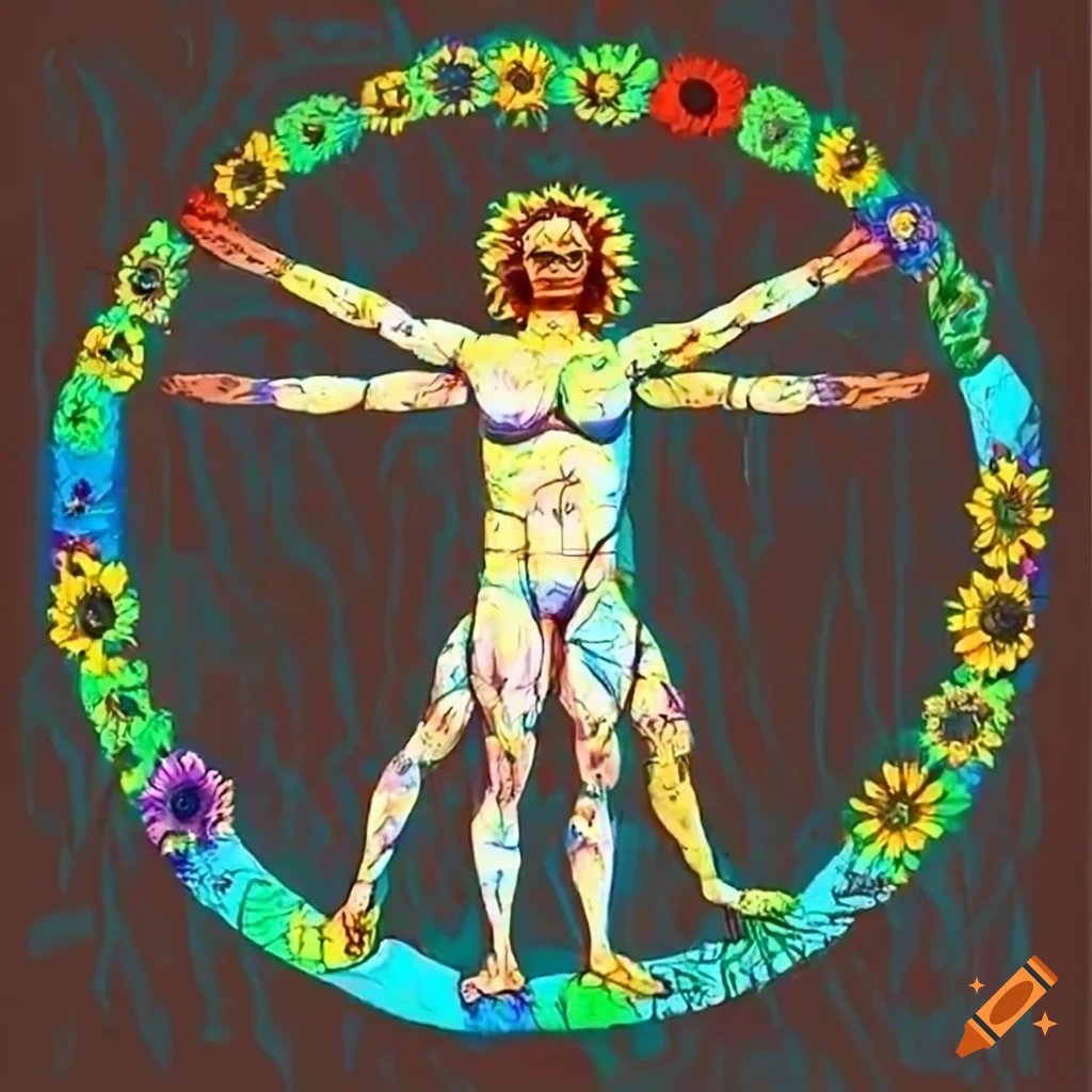 Vitruvian Man and sunflower illustration