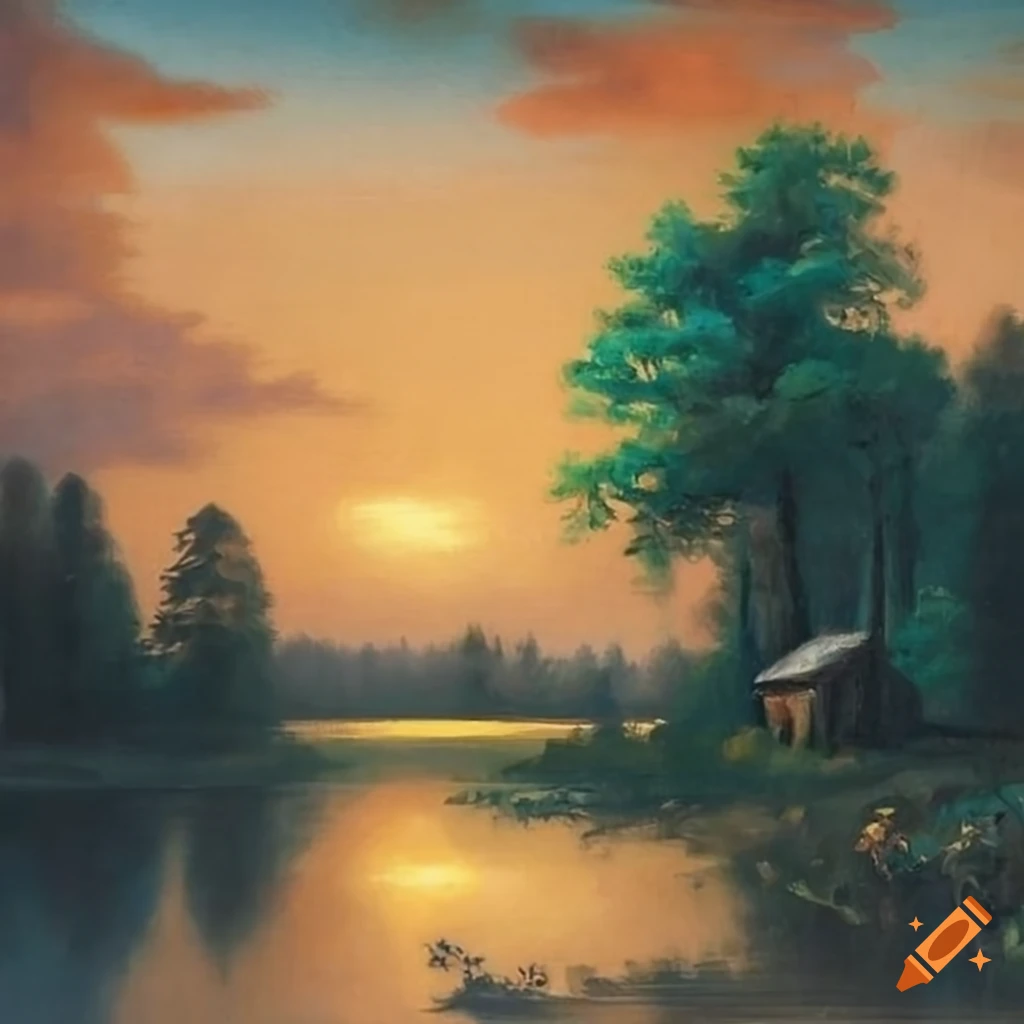 painting of a German landscape with woods and water