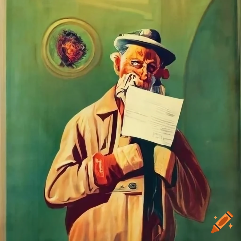 vintage travel poster with disheveled man holding a document