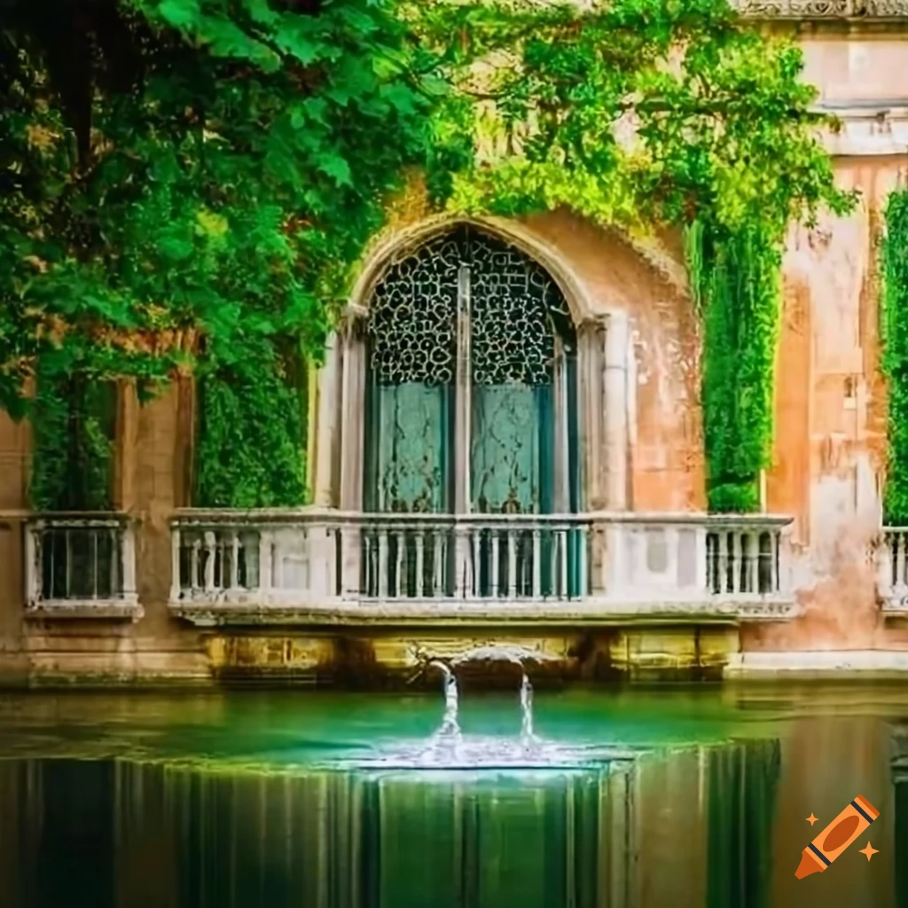 Venice garden with lush trees and fountain