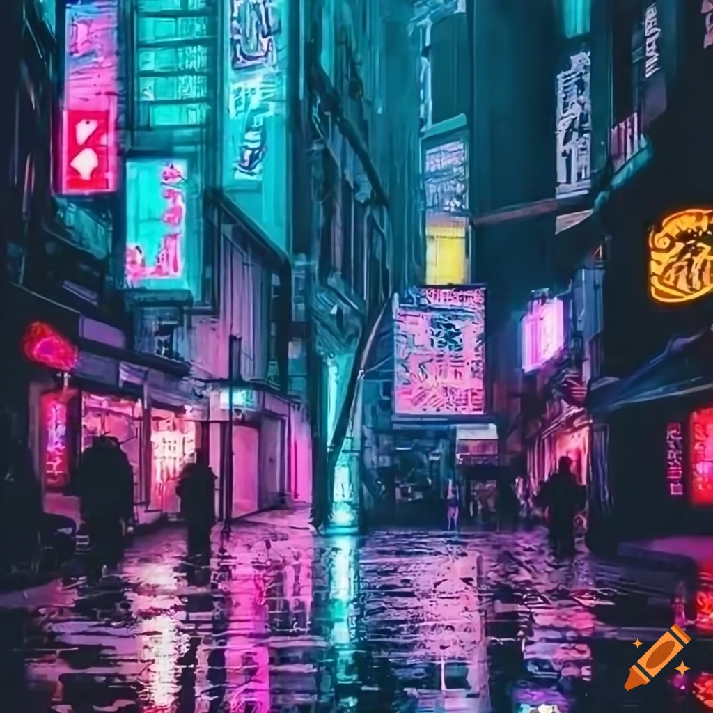 Night scene of a cyberpunk city with neon lights on Craiyon