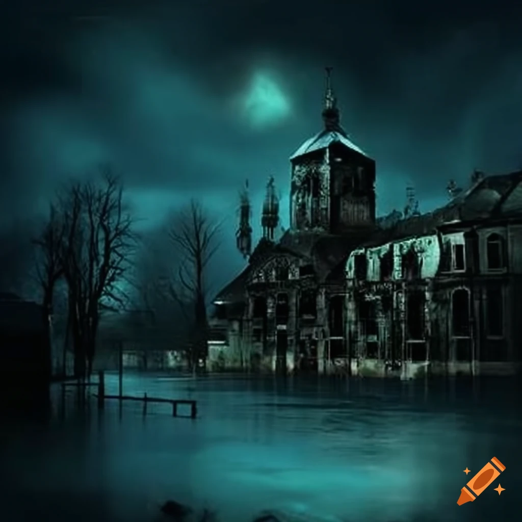 horror-themed image of a flooded town