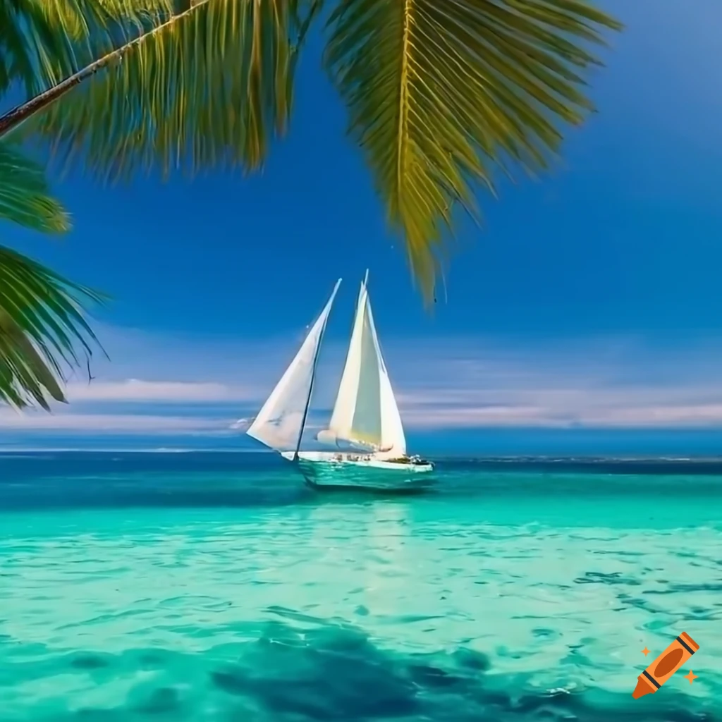 Sailboat sailing on blue waters near a tropical island on Craiyon