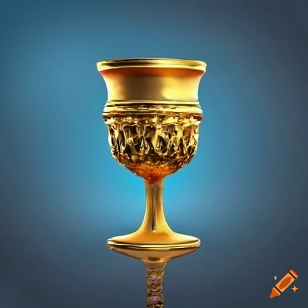 ancient golden goblet emerging from blue water
