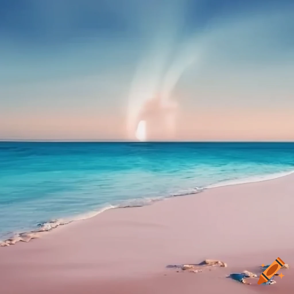 realistic beach with pink roses and setting sun