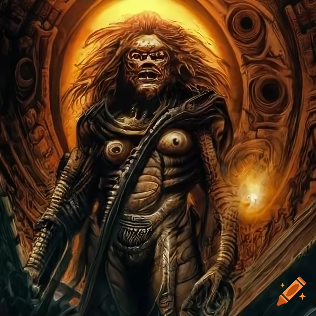Detailed sci-fi illustration of kurt russell in an alien biomechanical ...