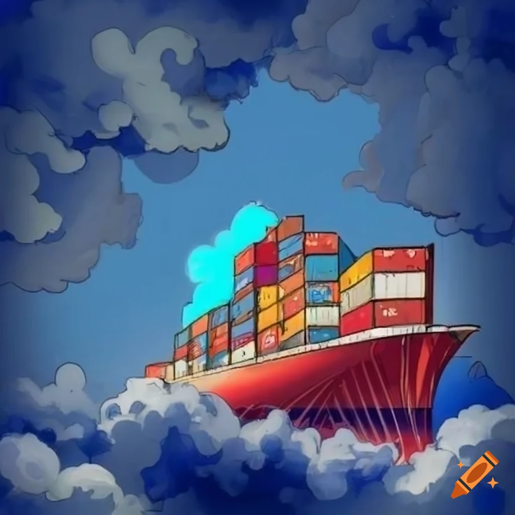 comic book style image of a person riding a container ship in the clouds