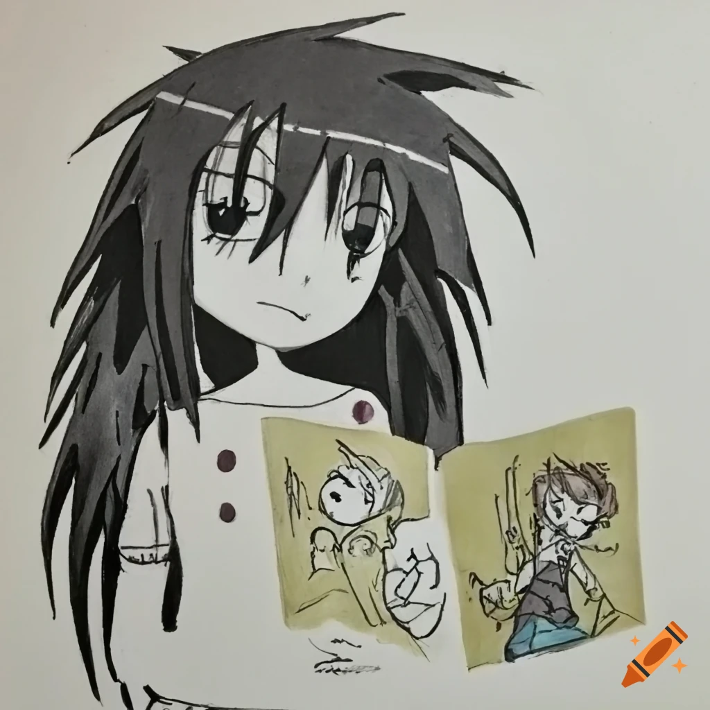 crayon drawing of Tomoko Watamote with a Tim Burton style