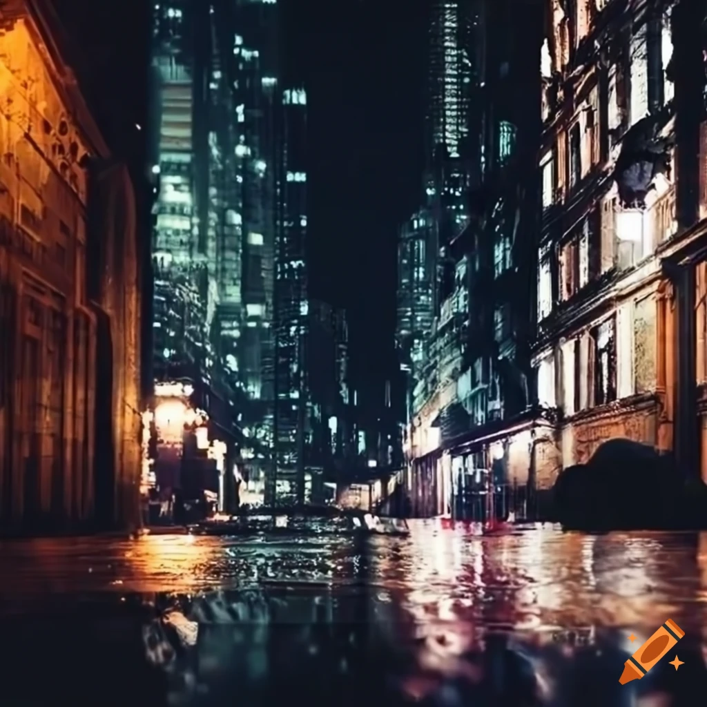 nighttime city street in the rain