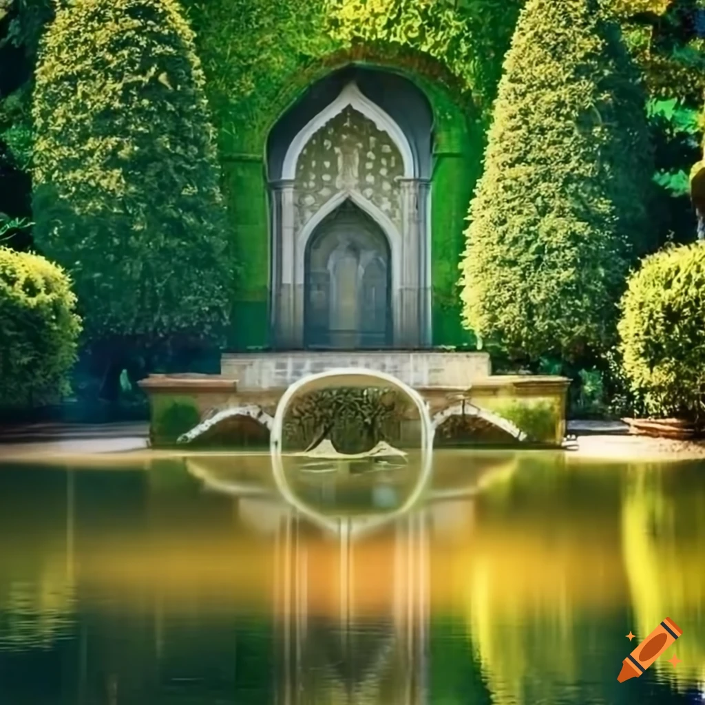 beautiful balcony overlooking a lush garden with a fountain