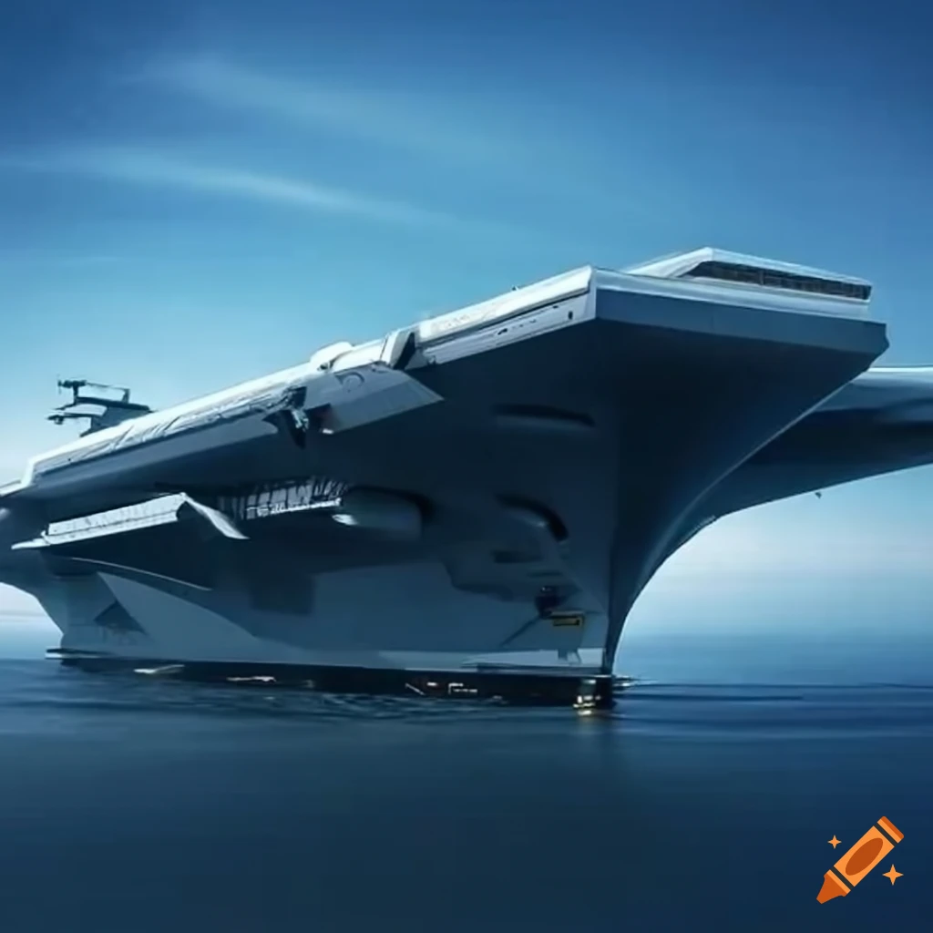 Futuristic aircraft carrier with advanced weaponry on Craiyon