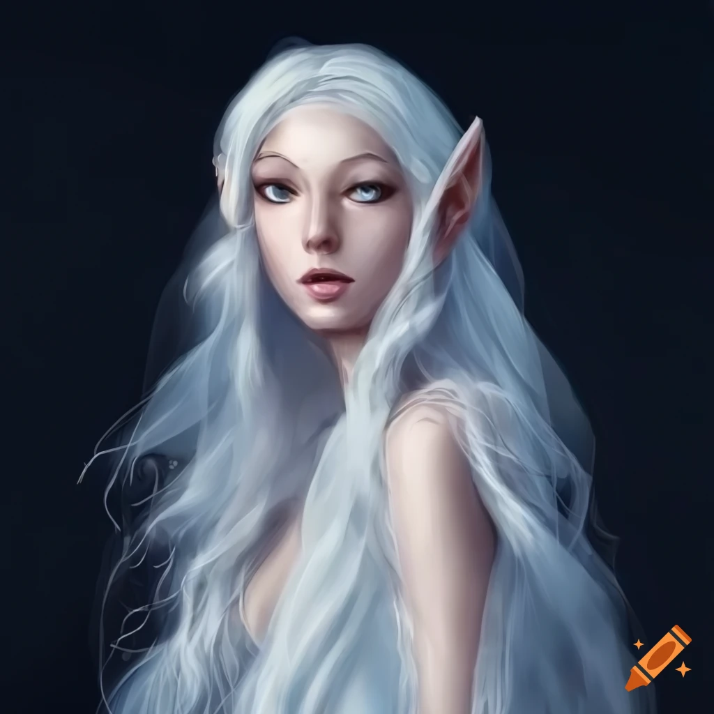 Artwork of a beautiful moon elf woman in white gown on Craiyon