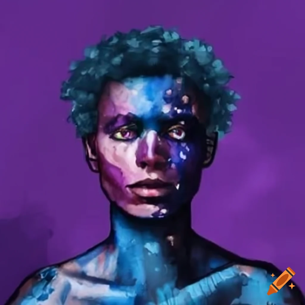 Digital art of a stylish man with blue skin and purple eyes on Craiyon