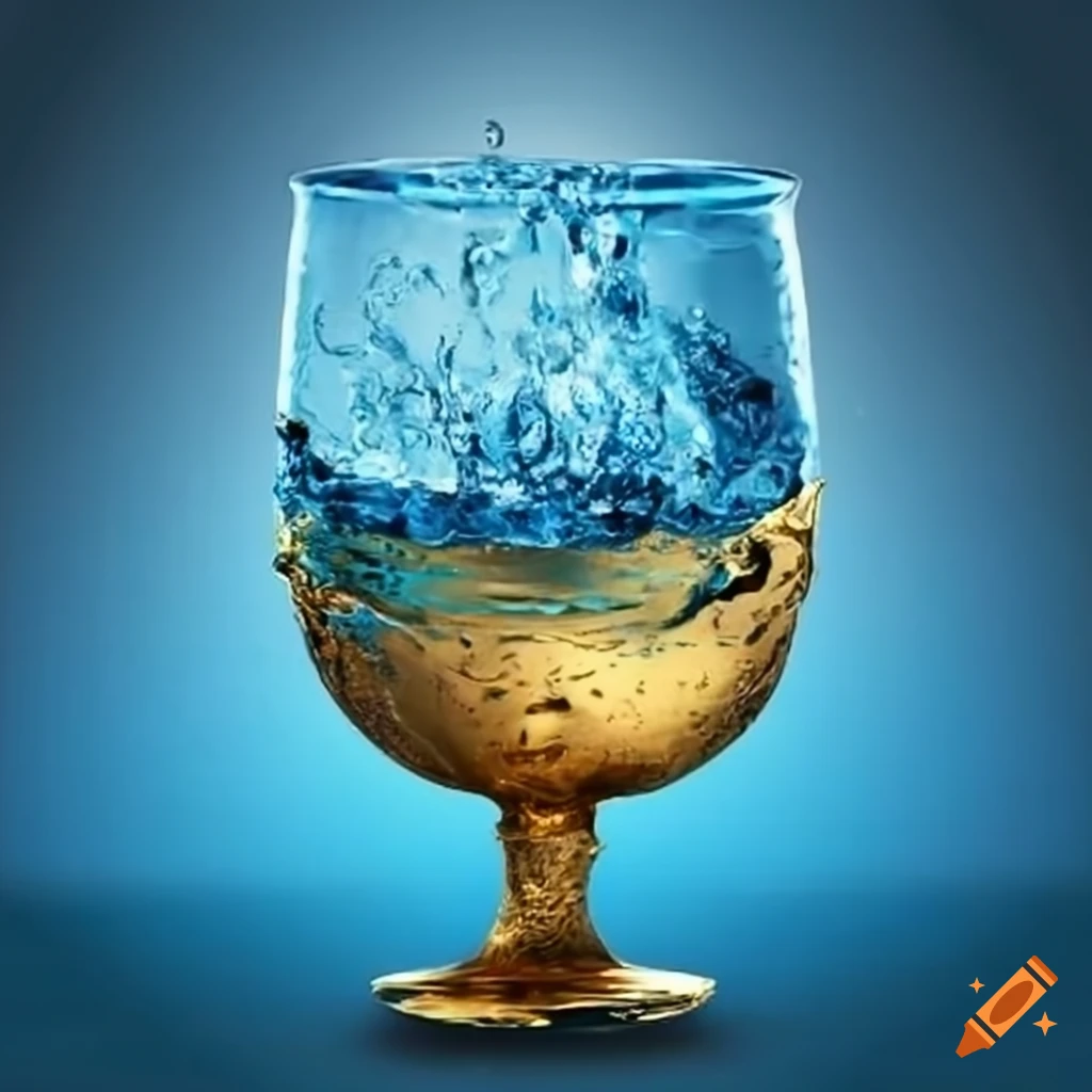 ancient golden goblet emerging from blue water