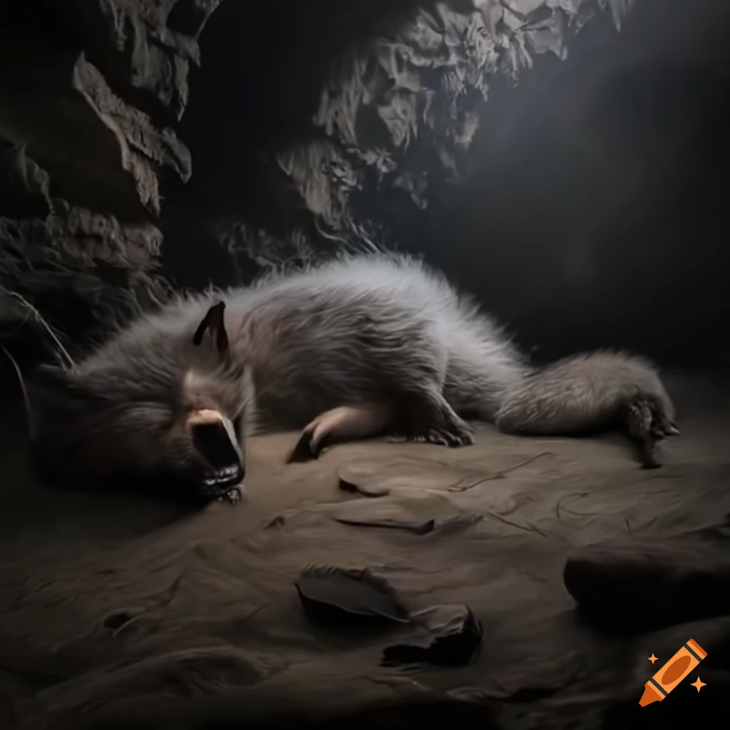 Illustration of a sleeping werewolf in a cave