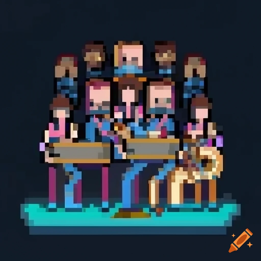 Pixel art of a big band playing multiple instruments