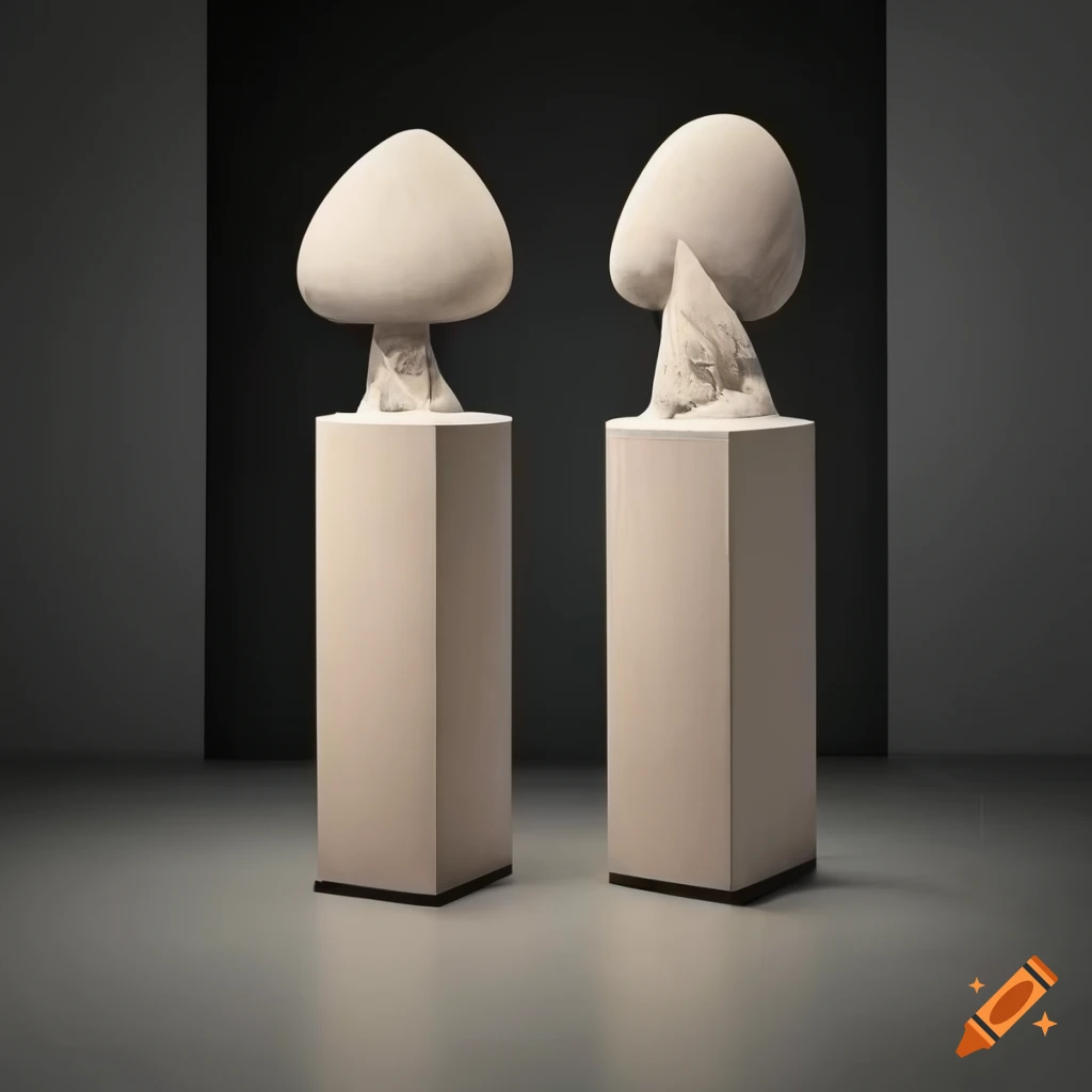 art gallery with pedestals displaying artworks
