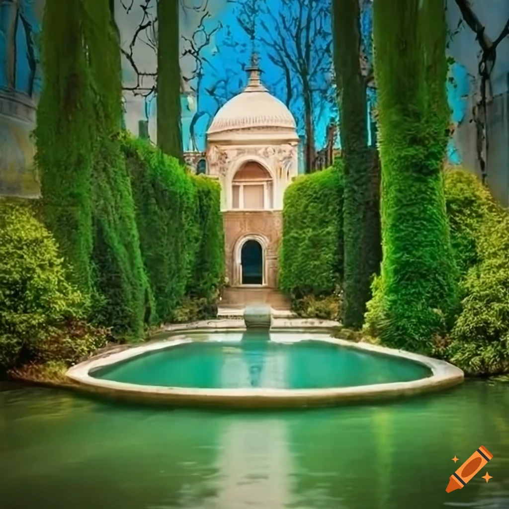 beautiful garden in Venice with trees and a fountain