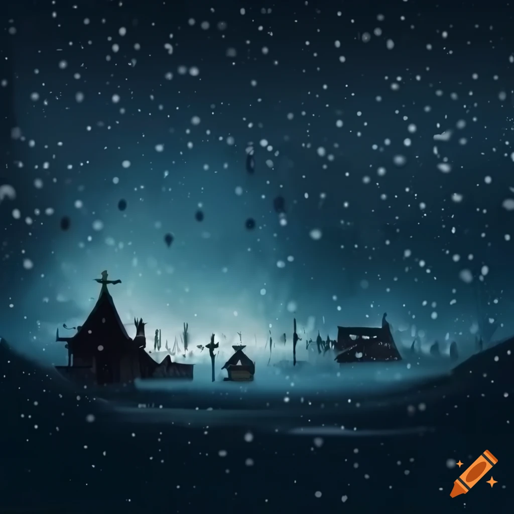 silhouette of snow falling on a magical village
