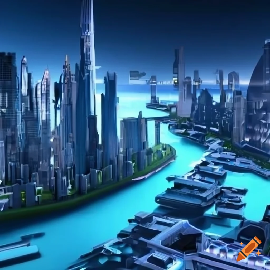 Futuristic cityscape in 3d on Craiyon