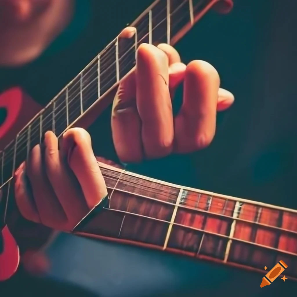 close-up of guitarist's hands playing with colorful hearts