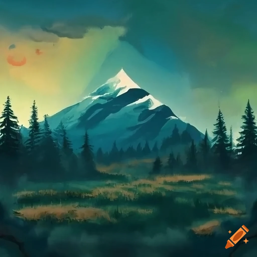serene painting of mountain scenery with pine trees and earthy colors