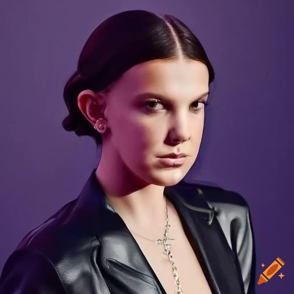 Millie Bobby Brown in black leather outfit