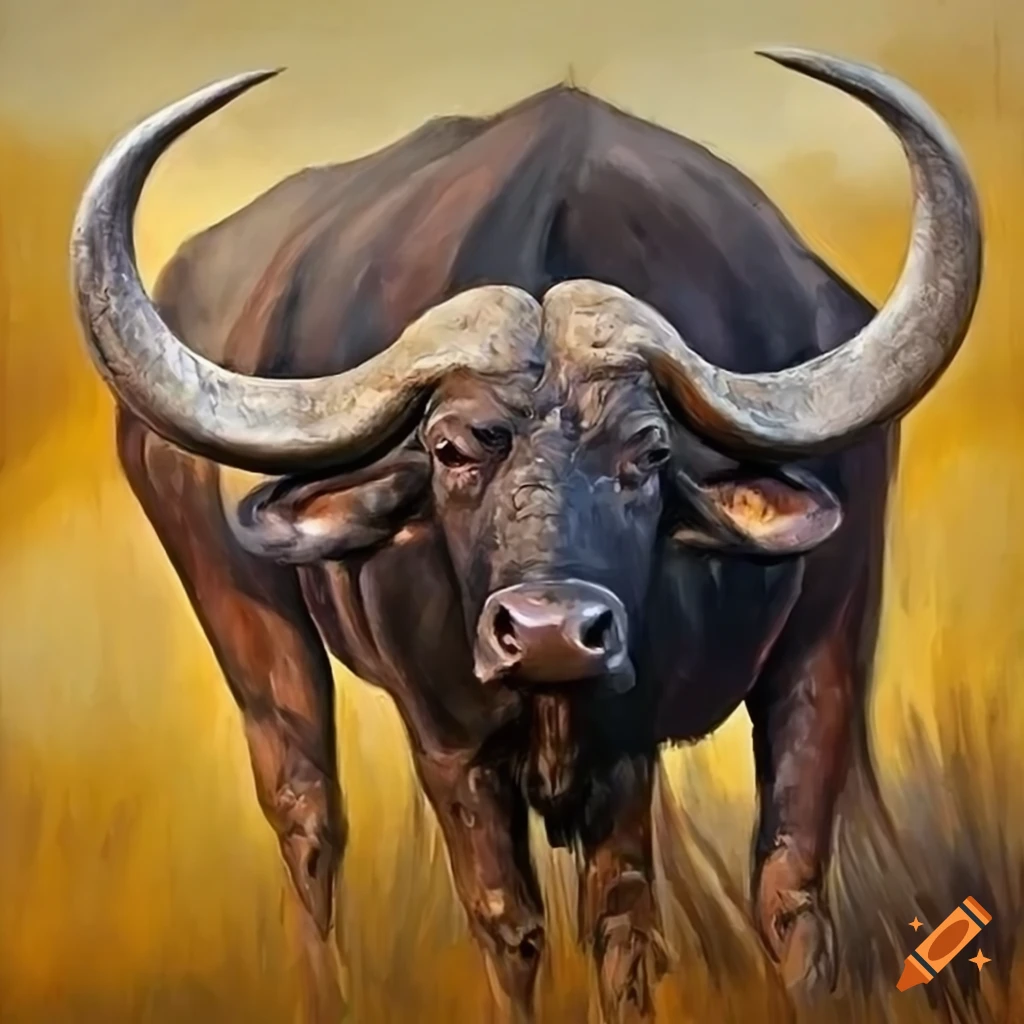 Oil painting of an african buffalo ready to charge