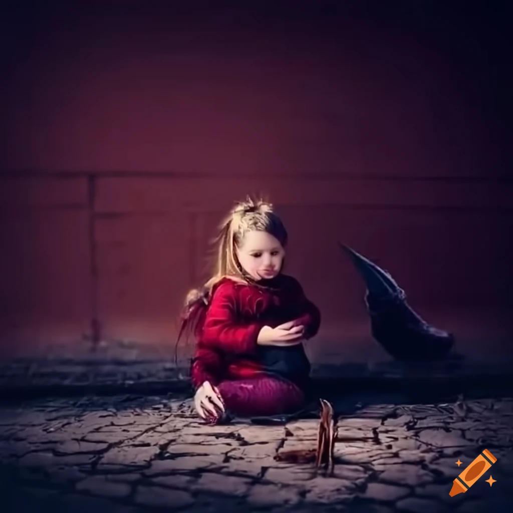 little girl sitting in front of a wall in the snow