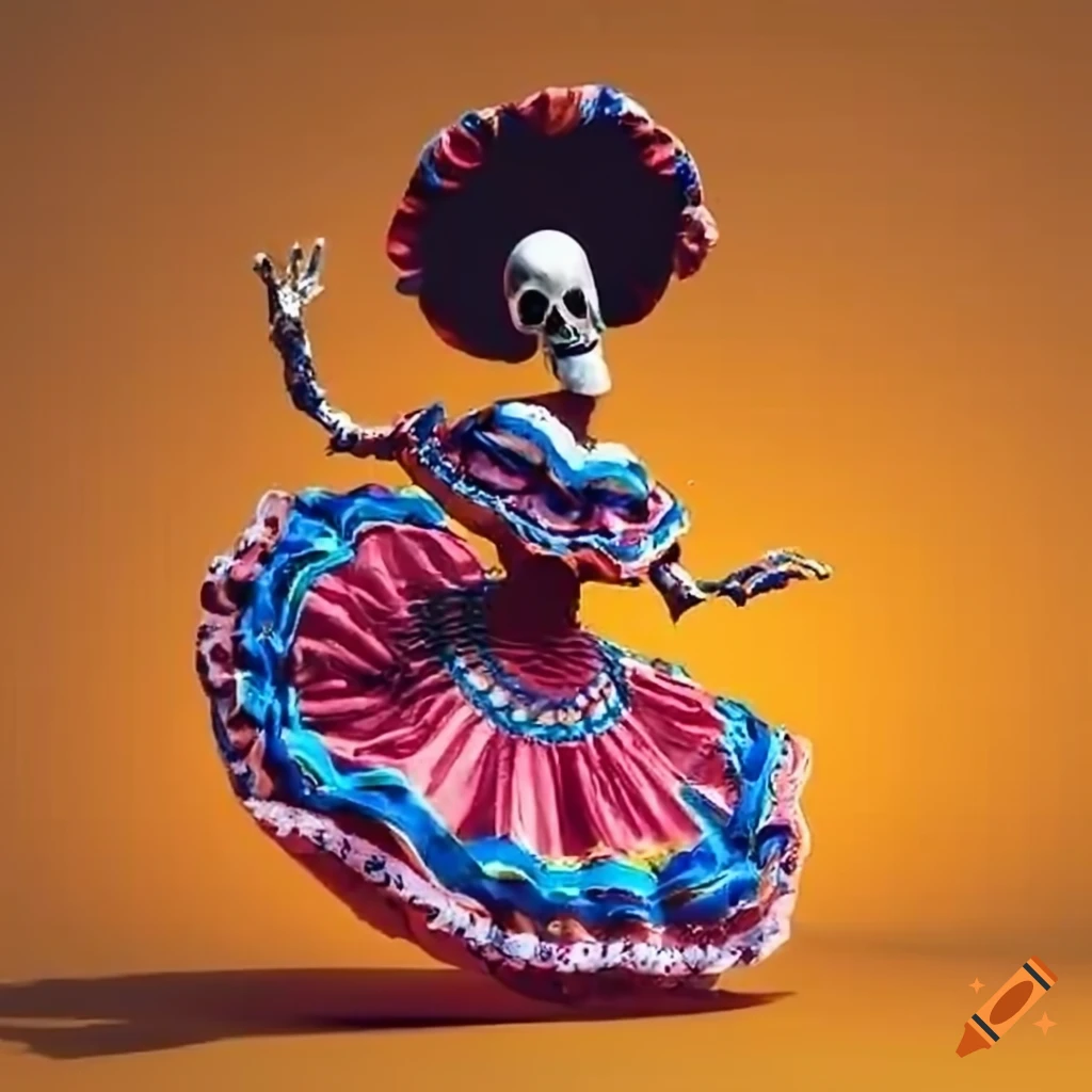 skeleton performing traditional Mexican folk dance