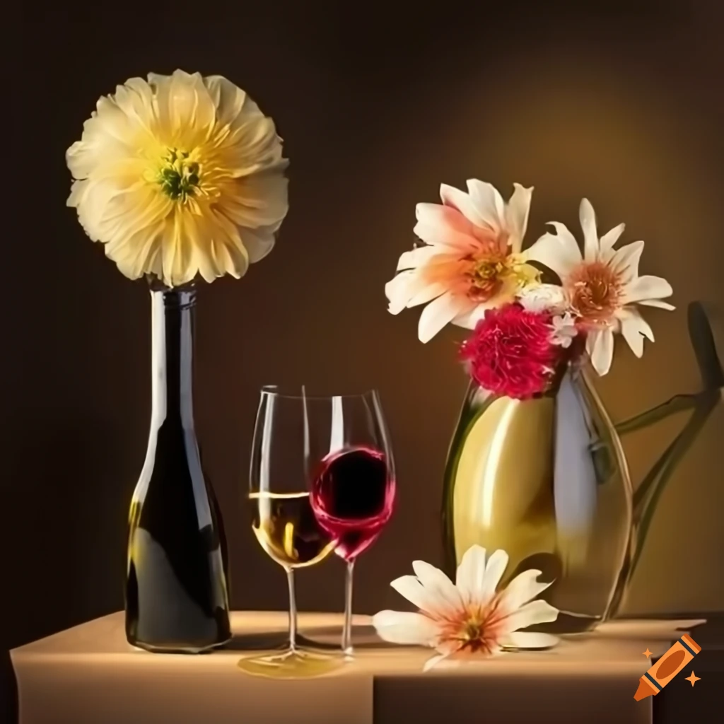 Still life with flowers and wine bottle on Craiyon