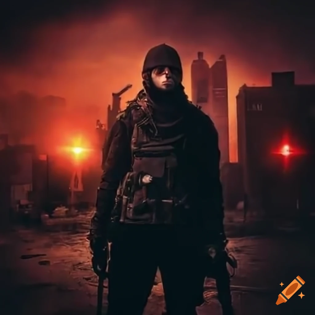 image of armed men in a post apocalyptic town